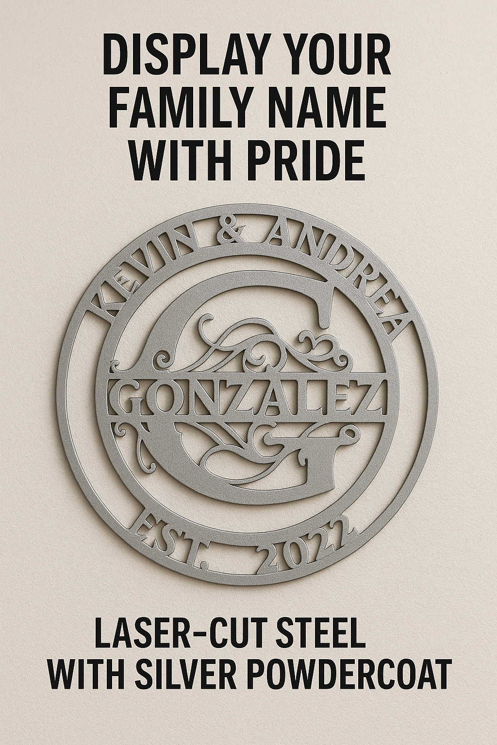 Custom Steel Family Name Sign – Powder Coat Finish – Personalized Wedding, Housewarming, or Anniversary Gift