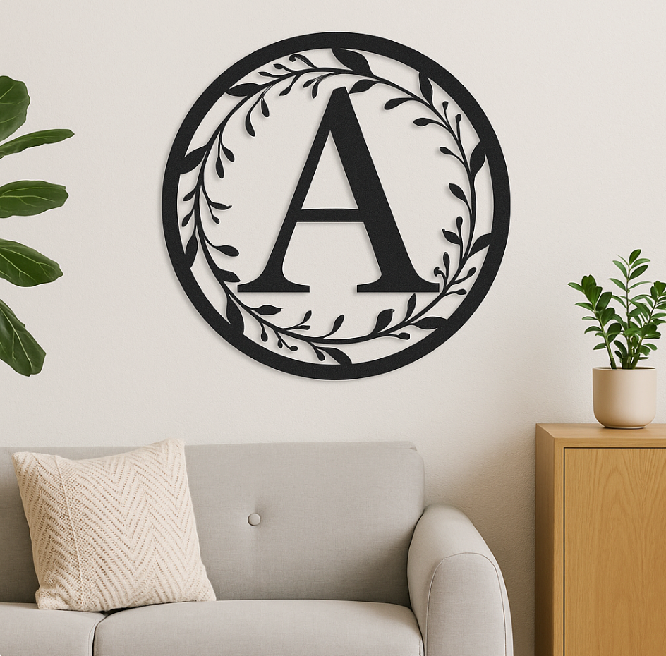 Custom Monogram Steel Sign – Decorative Vine Initial Wall Art